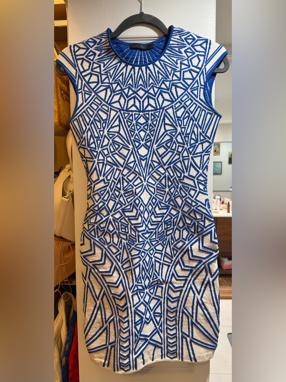 RVN White Dress with Bold Blue Geometric Embroidery